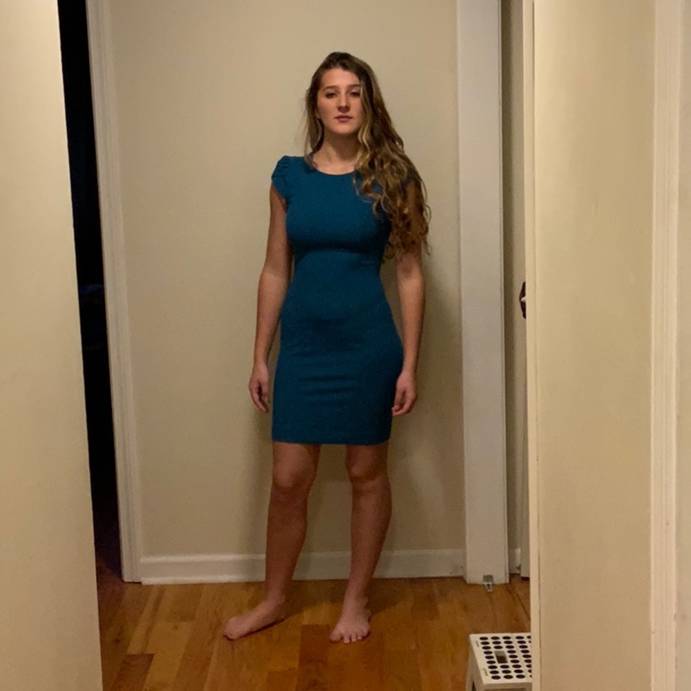 H&M TEAL SHIFT DRESS WITH CAPPED RUFFLE SLEEVE